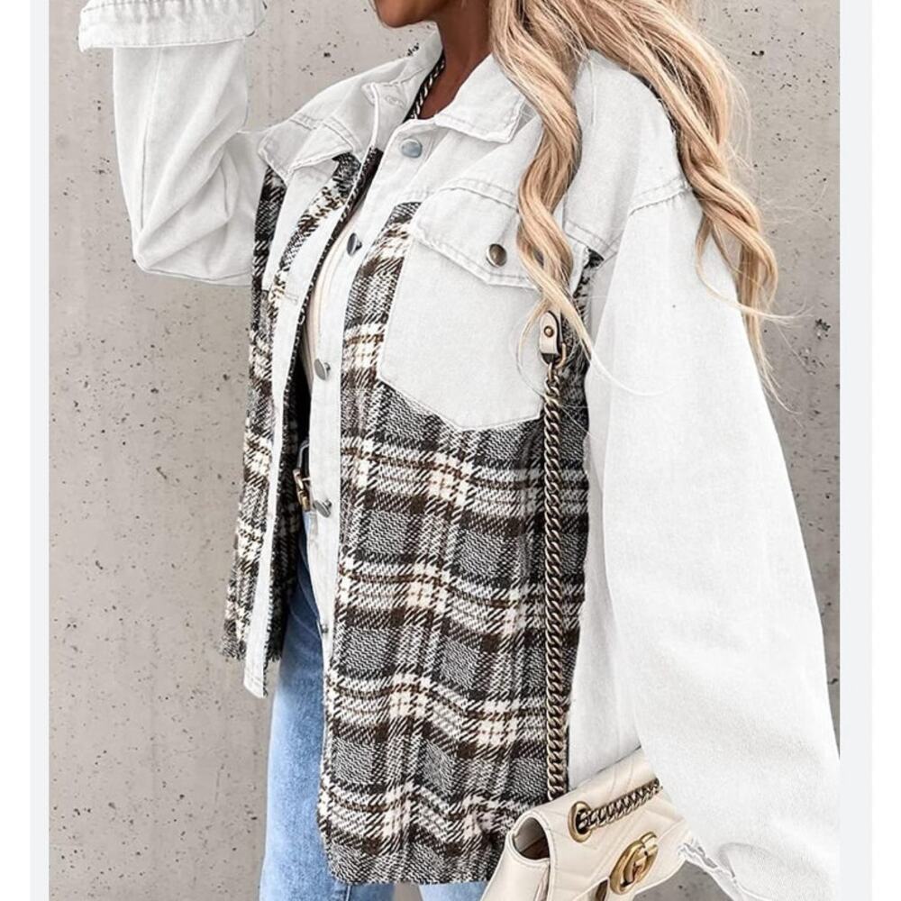 Women’s Plaid‎ Denim Shacket Oversized Button Down Jacket Size Small